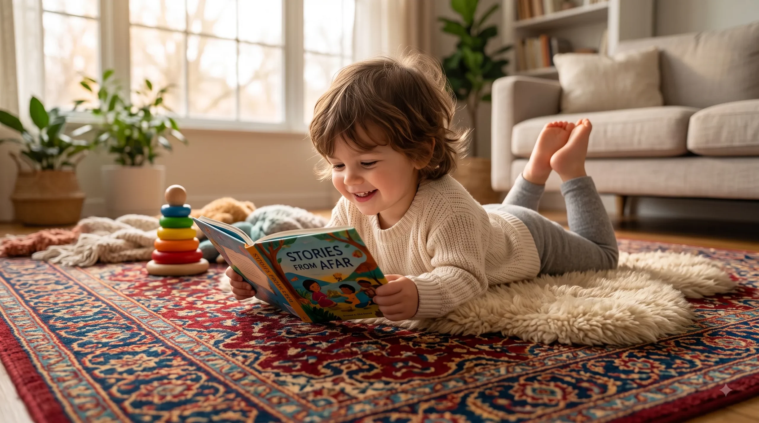 کودک خردسال در حال مطالعه کتاب روی فرش پفدار و تمیز - محیطی امن و بهداشتی برای رشد و بازی کودکان